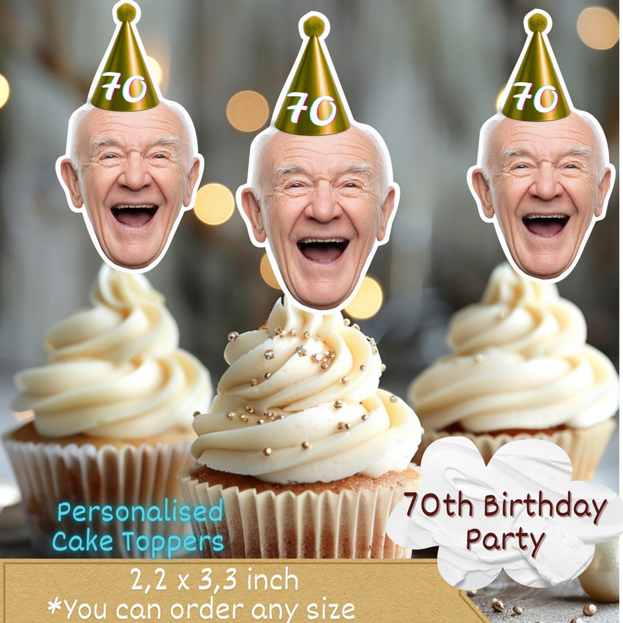 120x Personalised 70th Birthday Cupcake Toppers, Photo Cake Toppers, Custom Adult Birthday Party Decorations