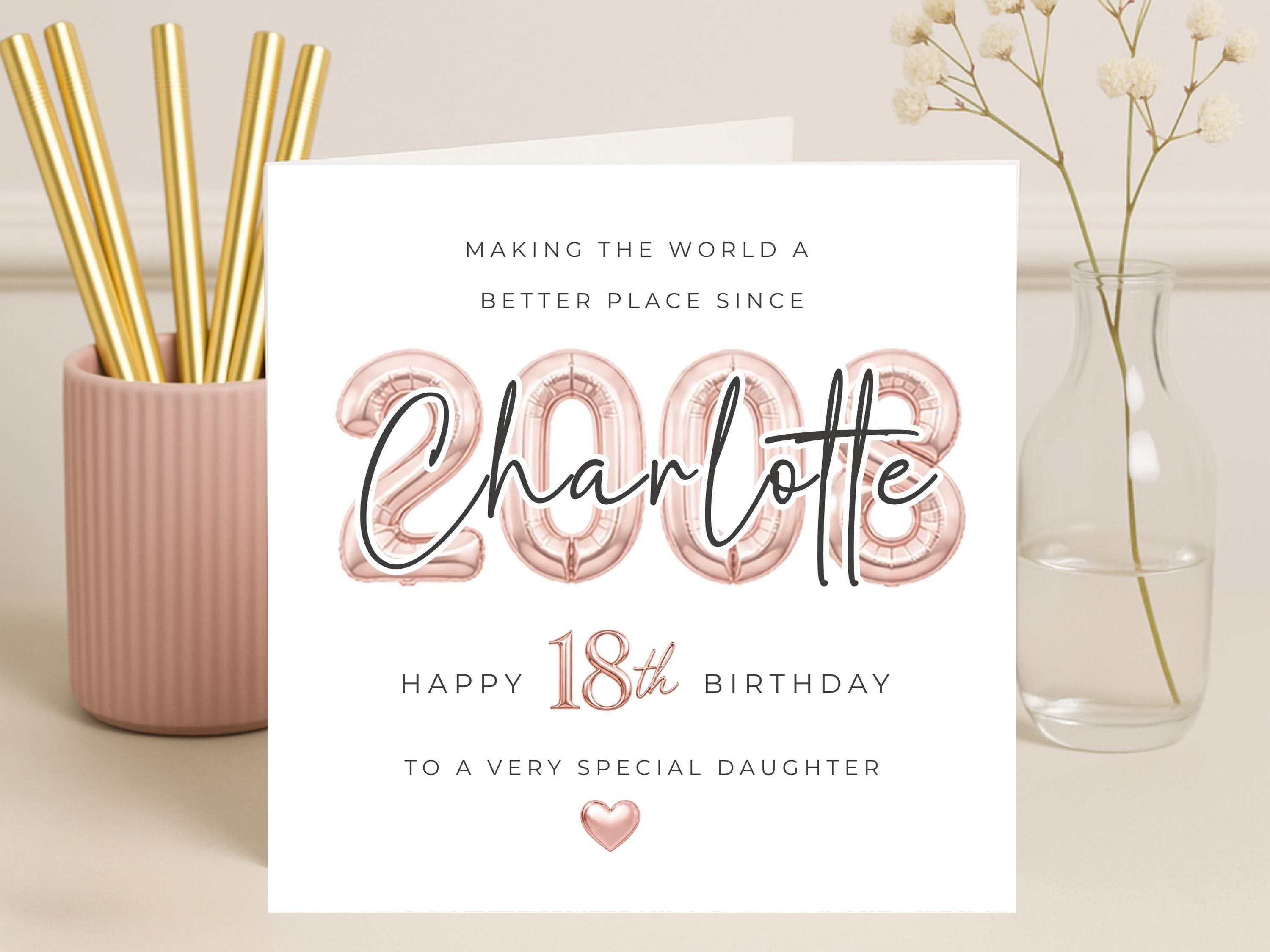 Personalised 18th Birthday Card for Daughter – Rose Gold Balloon Design