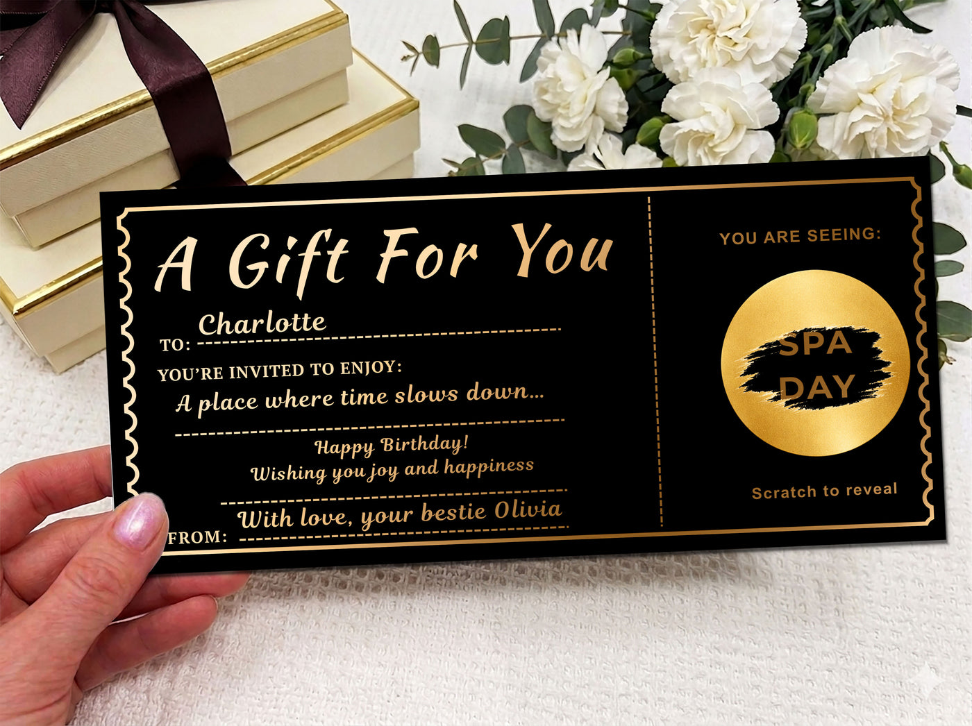 Personalised Luxury Scratch & Reveal Gift Voucher - Custom Gold Foil Trip, Spa & Birthday Ticket with Kraft Envelope