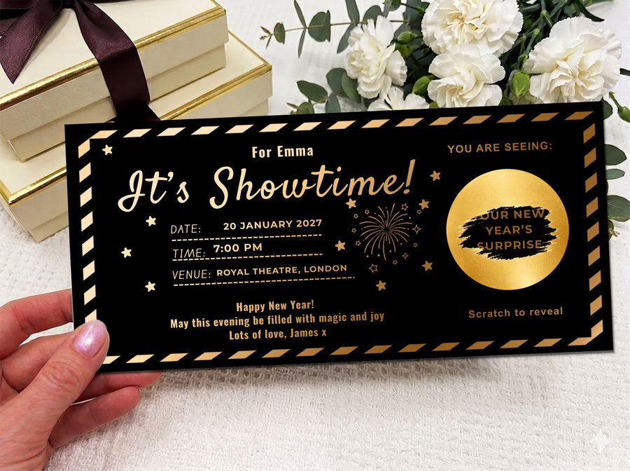 Personalised "It's Showtime" Scratch Reveal Ticket - Luxury Gold Event Gift Voucher for Theatre, Music & Comedy