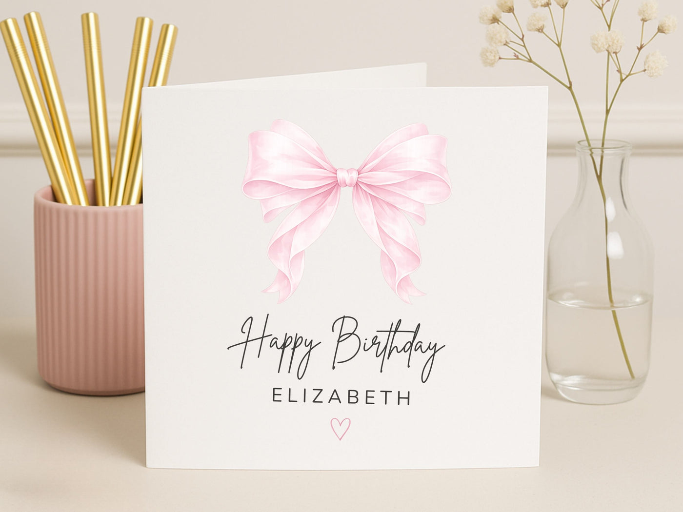 Personalised Birthday Card for Her - Luxury Blush Pink Watercolor Bow Design