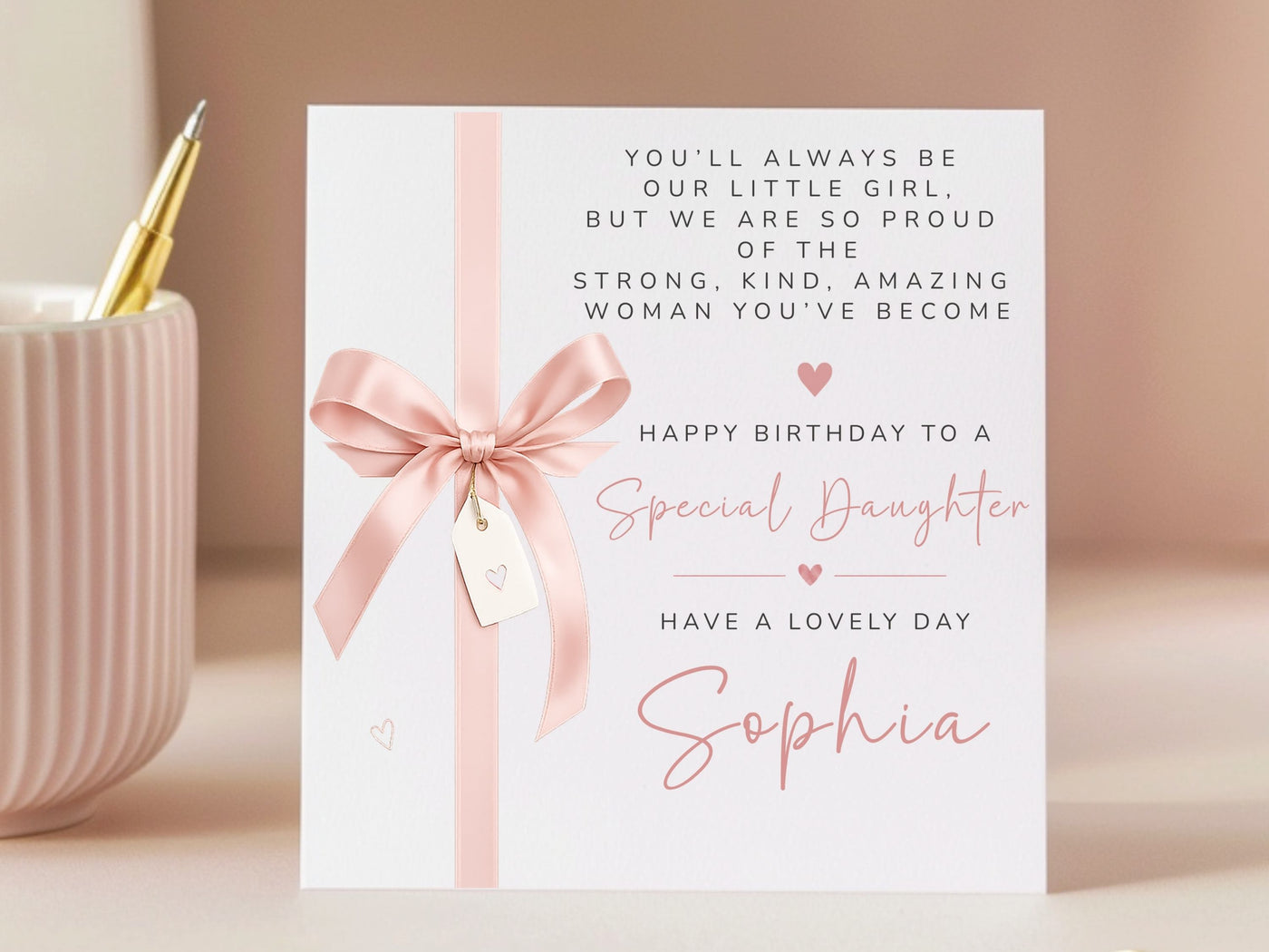 Personalised Special Daughter Birthday Card with Pink Ribbon - Custom Name Milestone Greeting Card