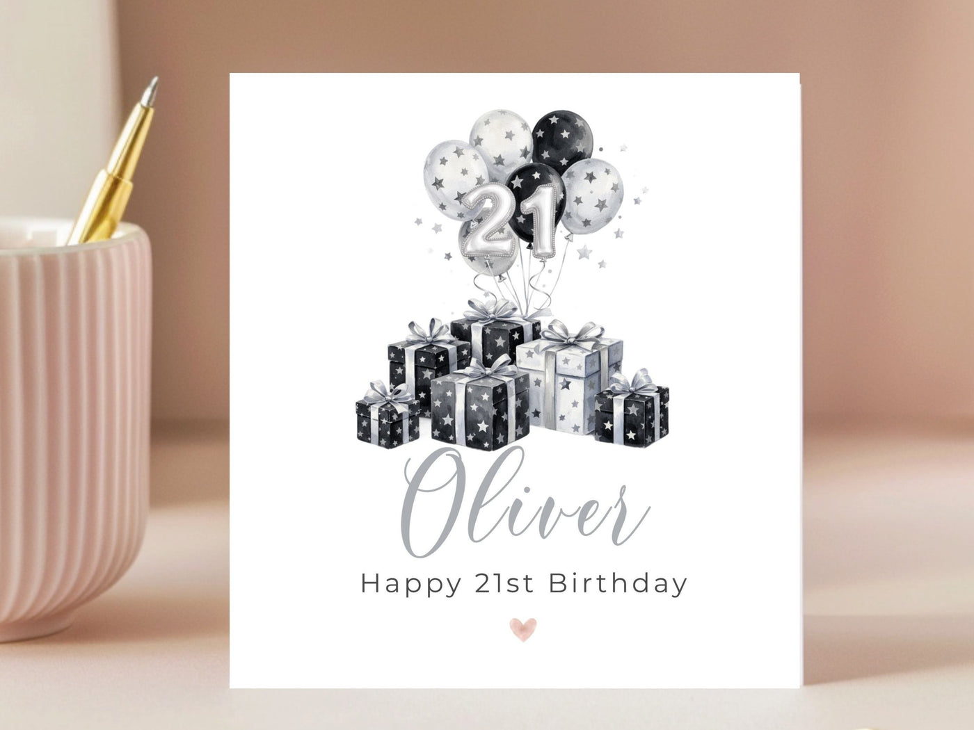 Personalised 21st Birthday Card with Name - Black and Silver Gifts and Baloons