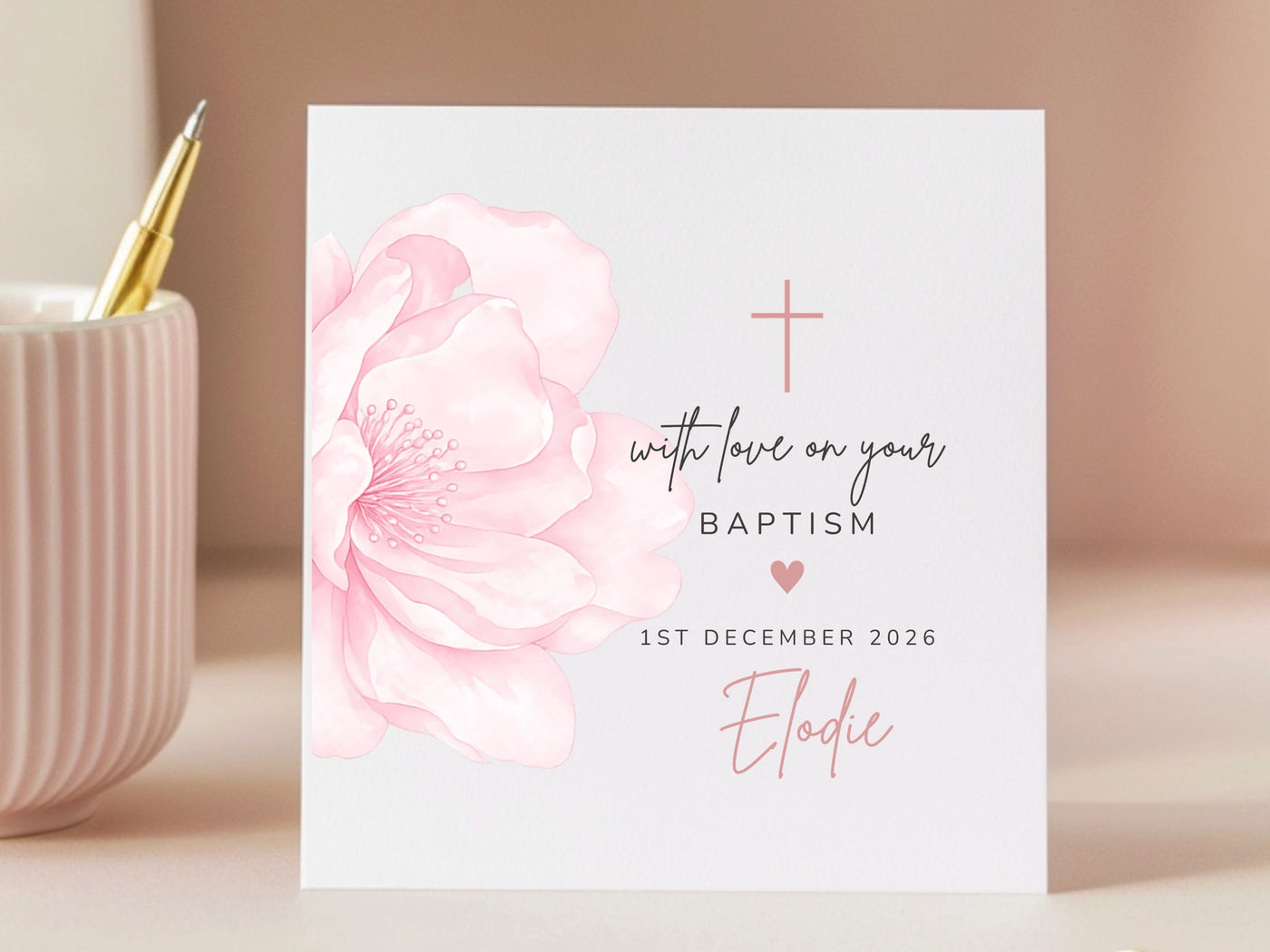 Personalised Floral Baptism Card for Girls - Elegant Religious Milestone Card