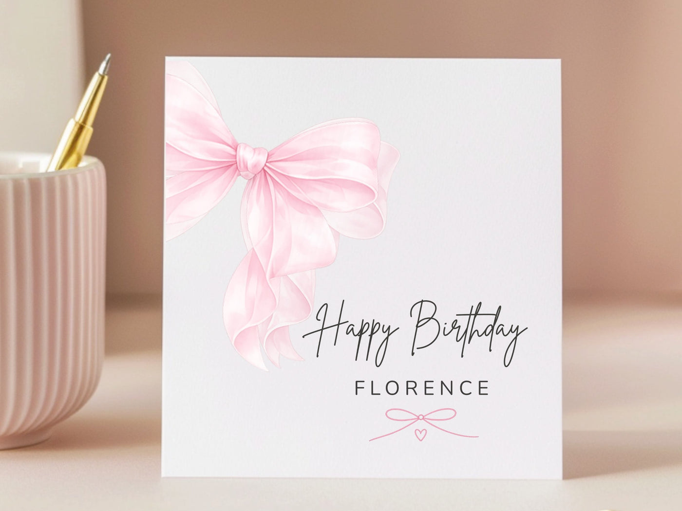 Personalised Birthday Card for Her - Luxury Pink Bow Design - Custom Name Card for Mum, Daughter, Wife, Friend, Grandma or Niece