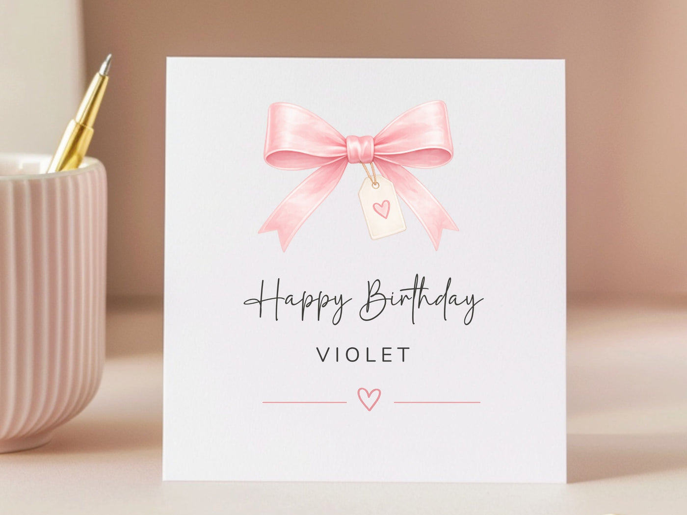 Personalised Luxury Birthday Card for Her - Pink Ribbon & Heart Tag Design