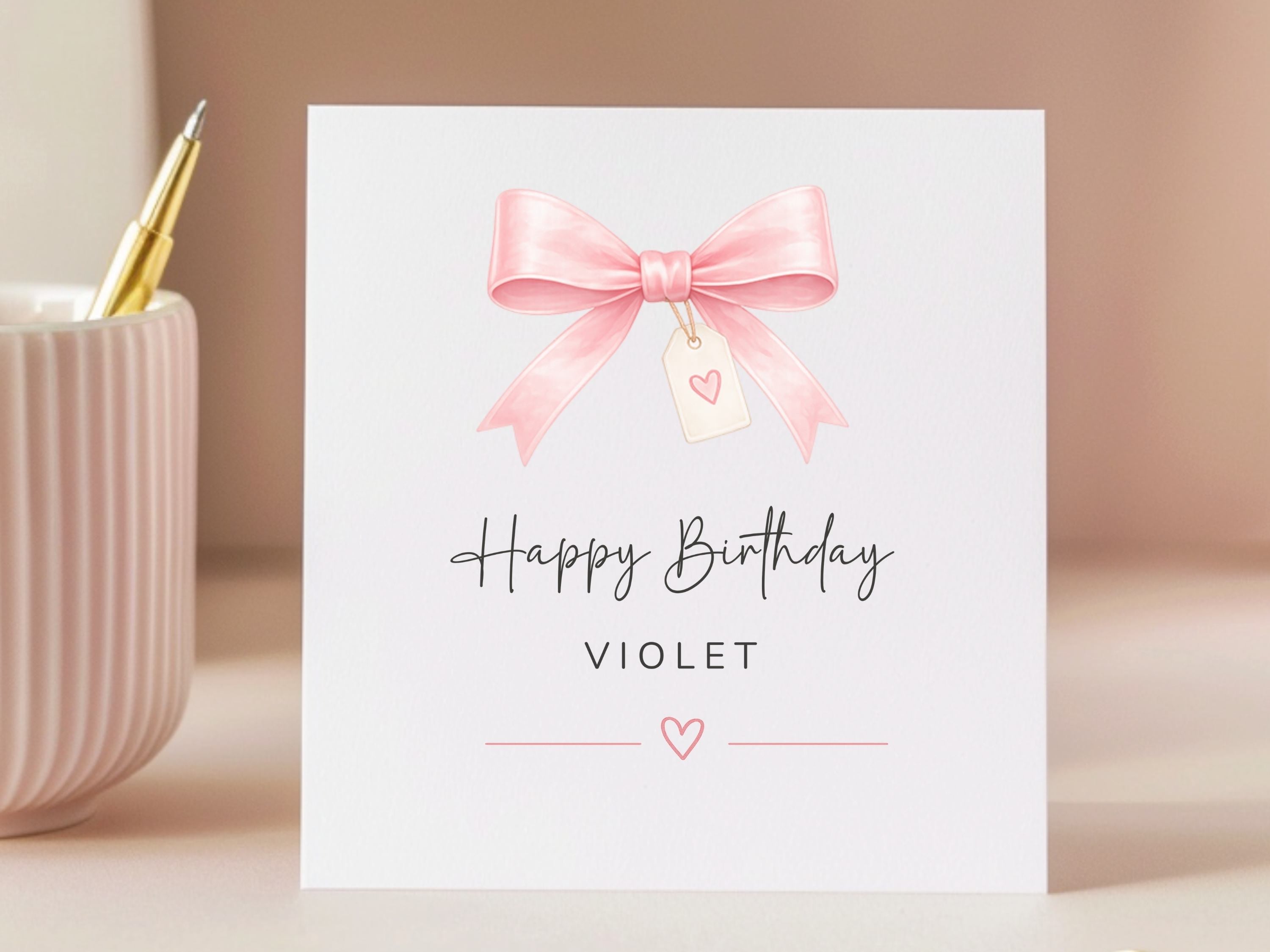 Personalised Luxury Birthday Card for Her - Pink Ribbon & Heart Tag Design