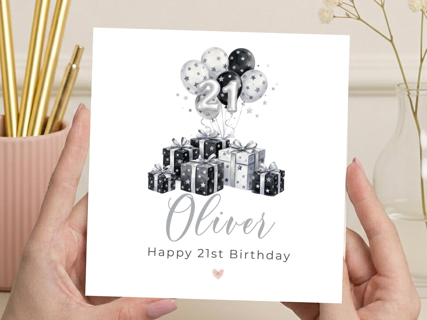 Personalised 21st Birthday Card with Name - Black and Silver Gifts and Baloons