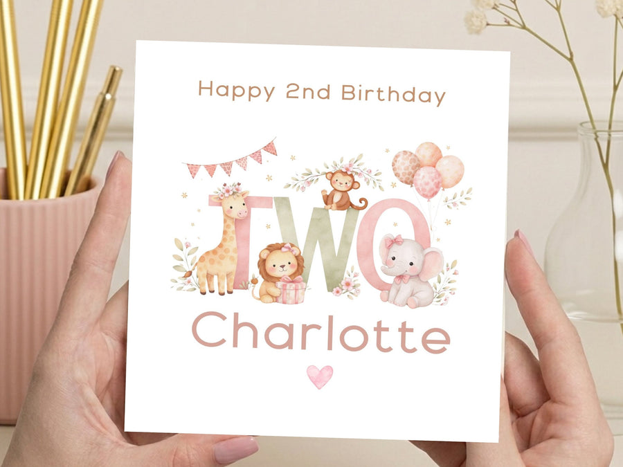 Personalised 2nd Birthday Card - Cute Animal TWO Design