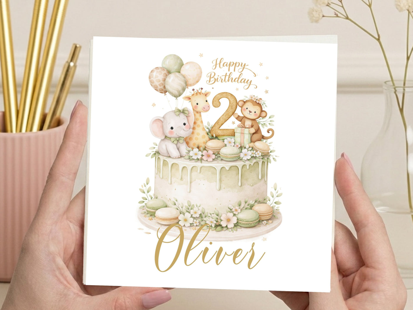 Personalised 2nd Birthday Card for Children – Cute Animal Cake Design