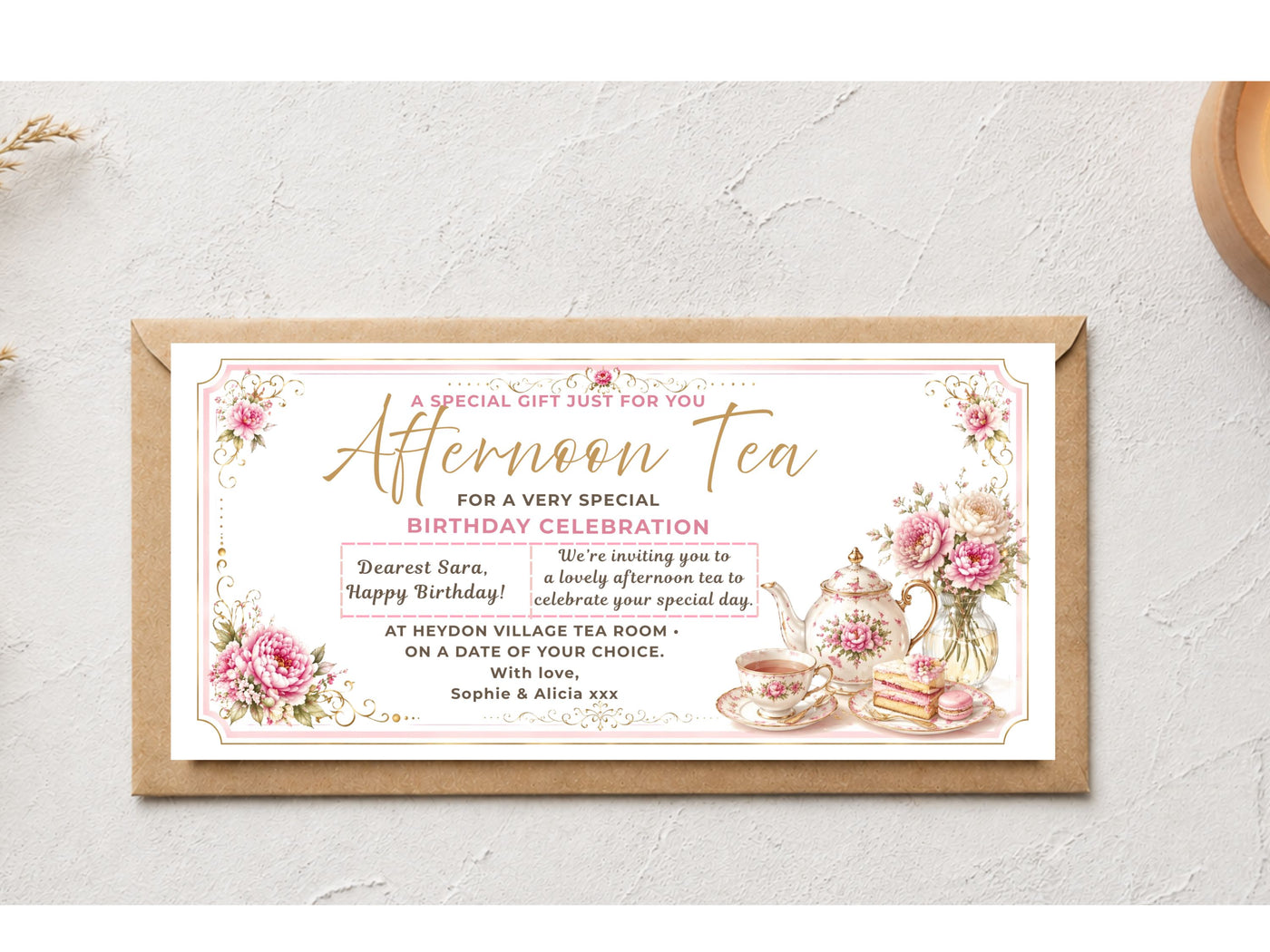 Personalised Afternoon Tea Birthday Gift Voucher Card – Elegant Floral Design (Physical Card)
