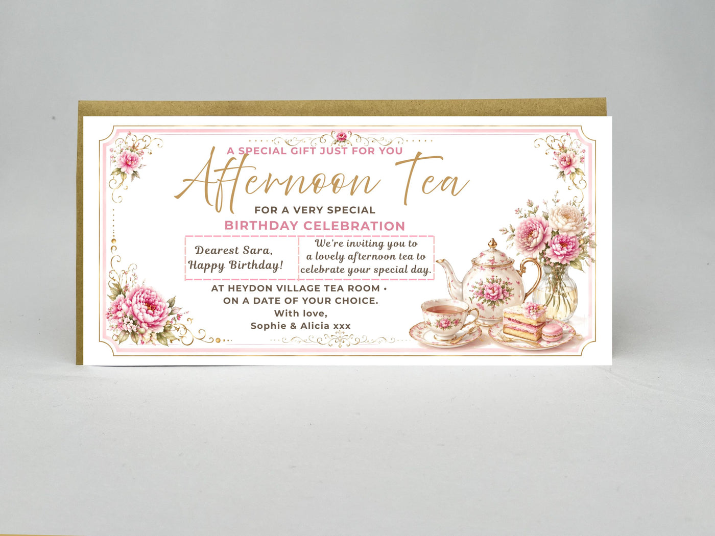 Personalised Afternoon Tea Birthday Gift Voucher Card – Elegant Floral Design (Physical Card)