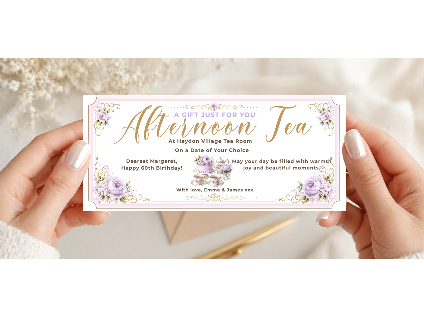 Personalised Afternoon Tea Gift Voucher Card – Lavender Floral Design (Physical Card)