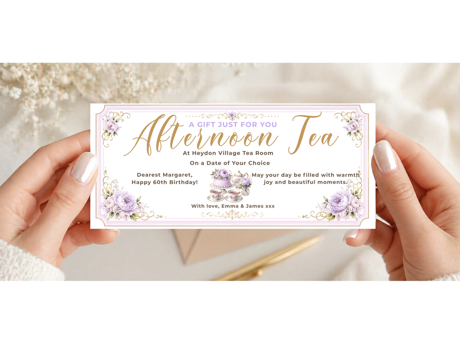 Personalised Afternoon Tea Gift Voucher Card – Lavender Floral Design (Physical Card)