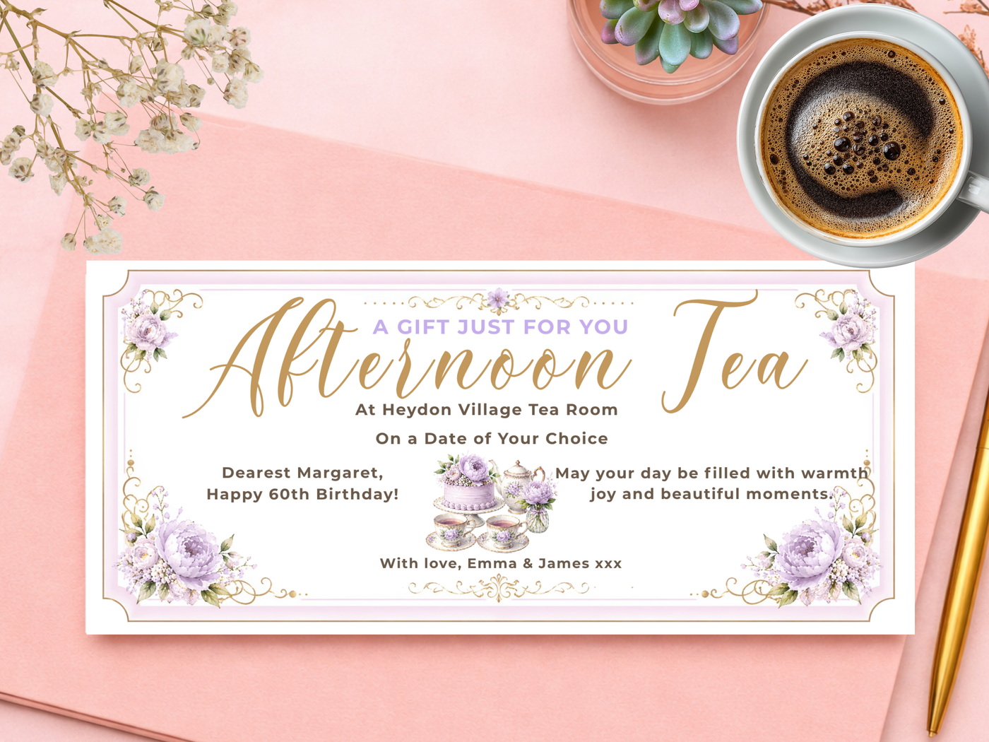 Personalised Afternoon Tea Gift Voucher Card – Lavender Floral Design (Physical Card)
