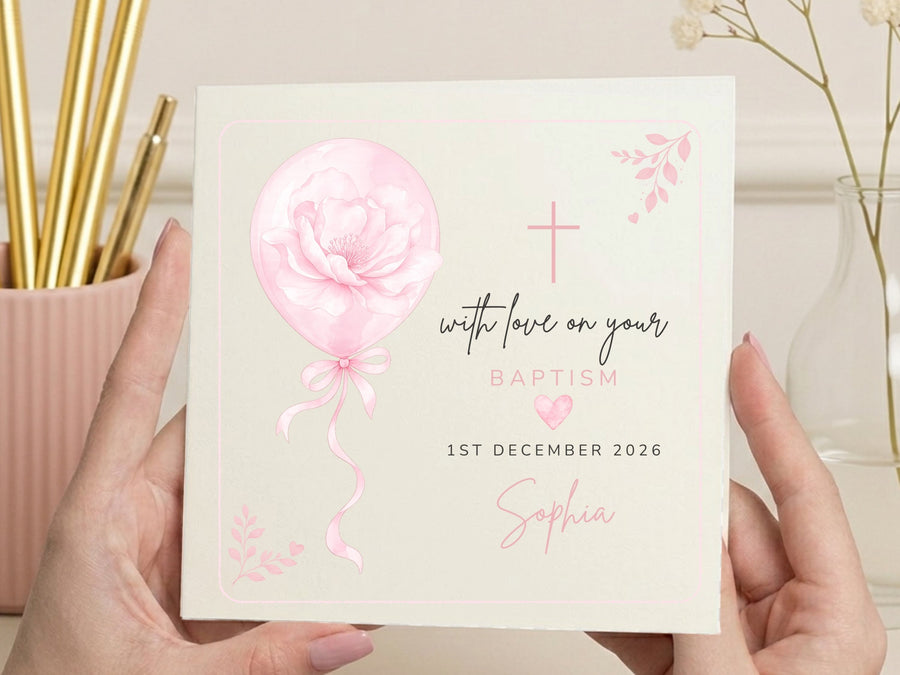Personalised Baptism Card for Girls  - Watercolor Floral Balloon Design