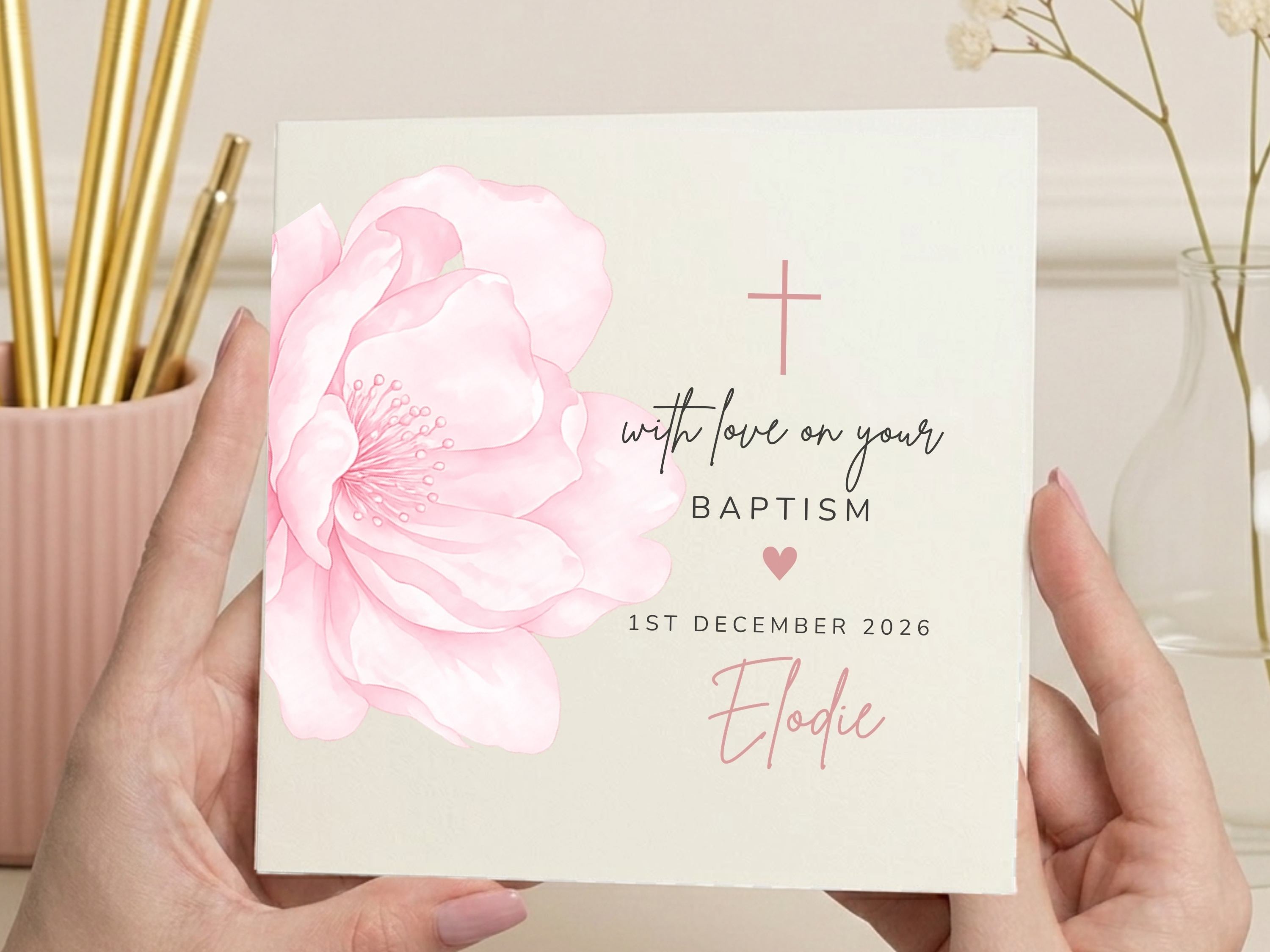 Personalised Floral Baptism Card for Girls - Elegant Religious Milestone Card