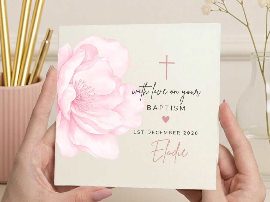 Personalised Floral Baptism Card for Girls - Elegant Religious Milestone Card