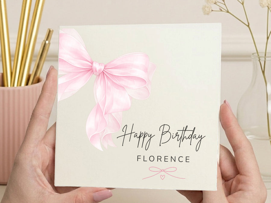 Personalised Birthday Card for Her - Luxury Pink Bow Design - Custom Name Card for Mum, Daughter, Wife, Friend, Grandma or Niece