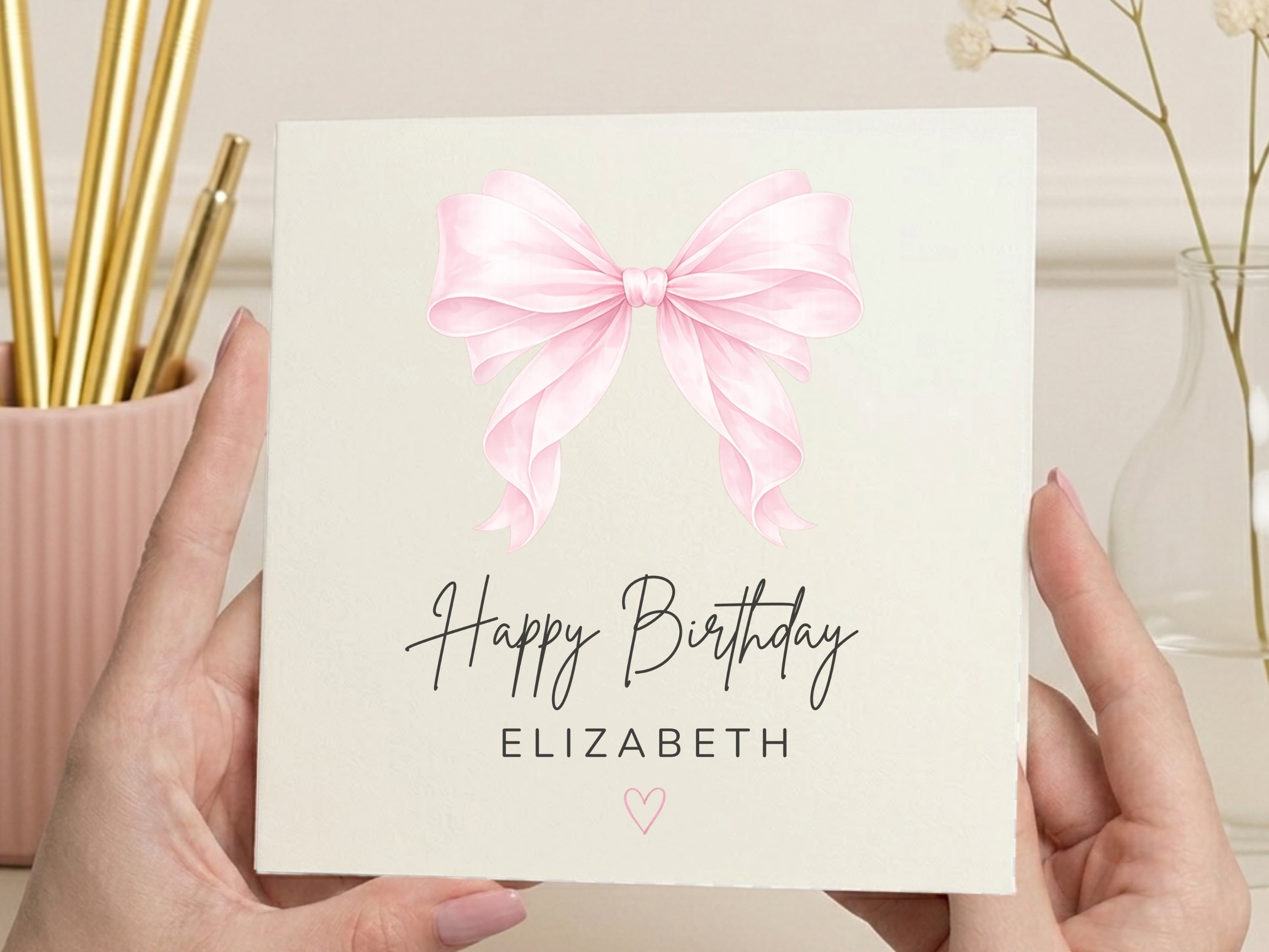 Personalised Birthday Card for Her - Luxury Blush Pink Watercolor Bow Design