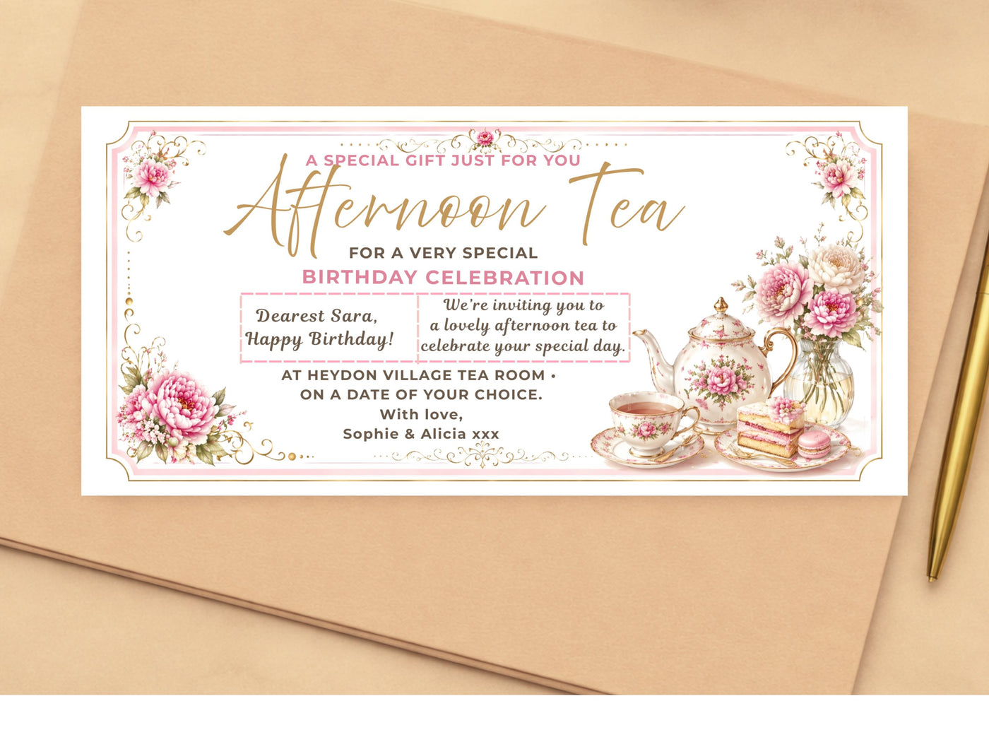 Personalised Afternoon Tea Birthday Gift Voucher Card – Elegant Floral Design (Physical Card)