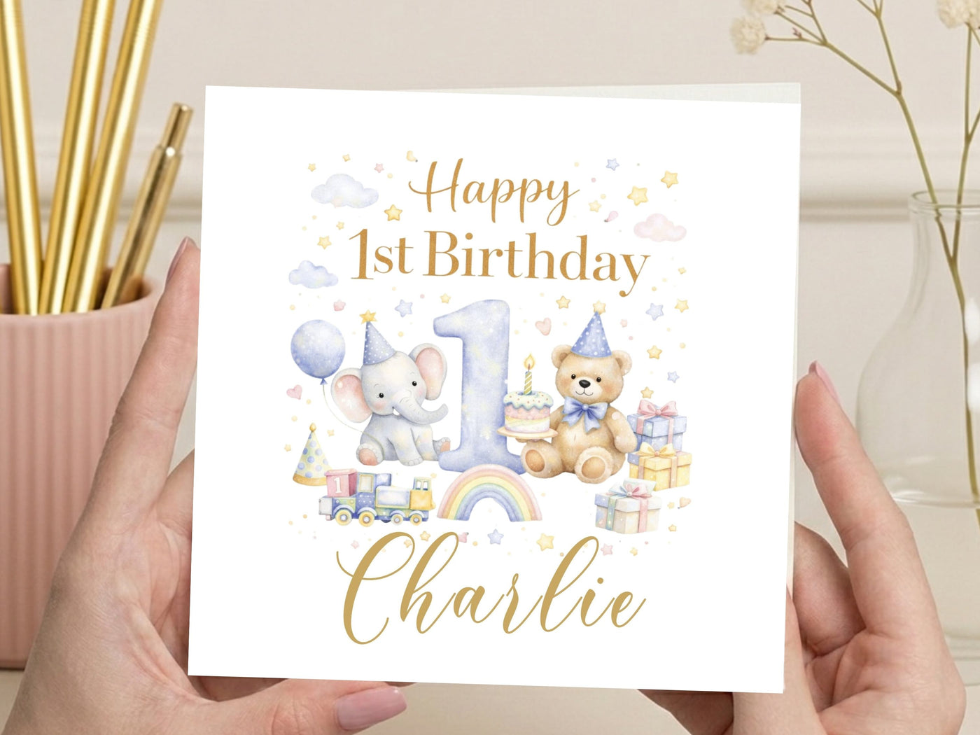 Personalized 1st Birthday Card with Teddy Bear & Elephant – Custom Name Baby Birthday Card