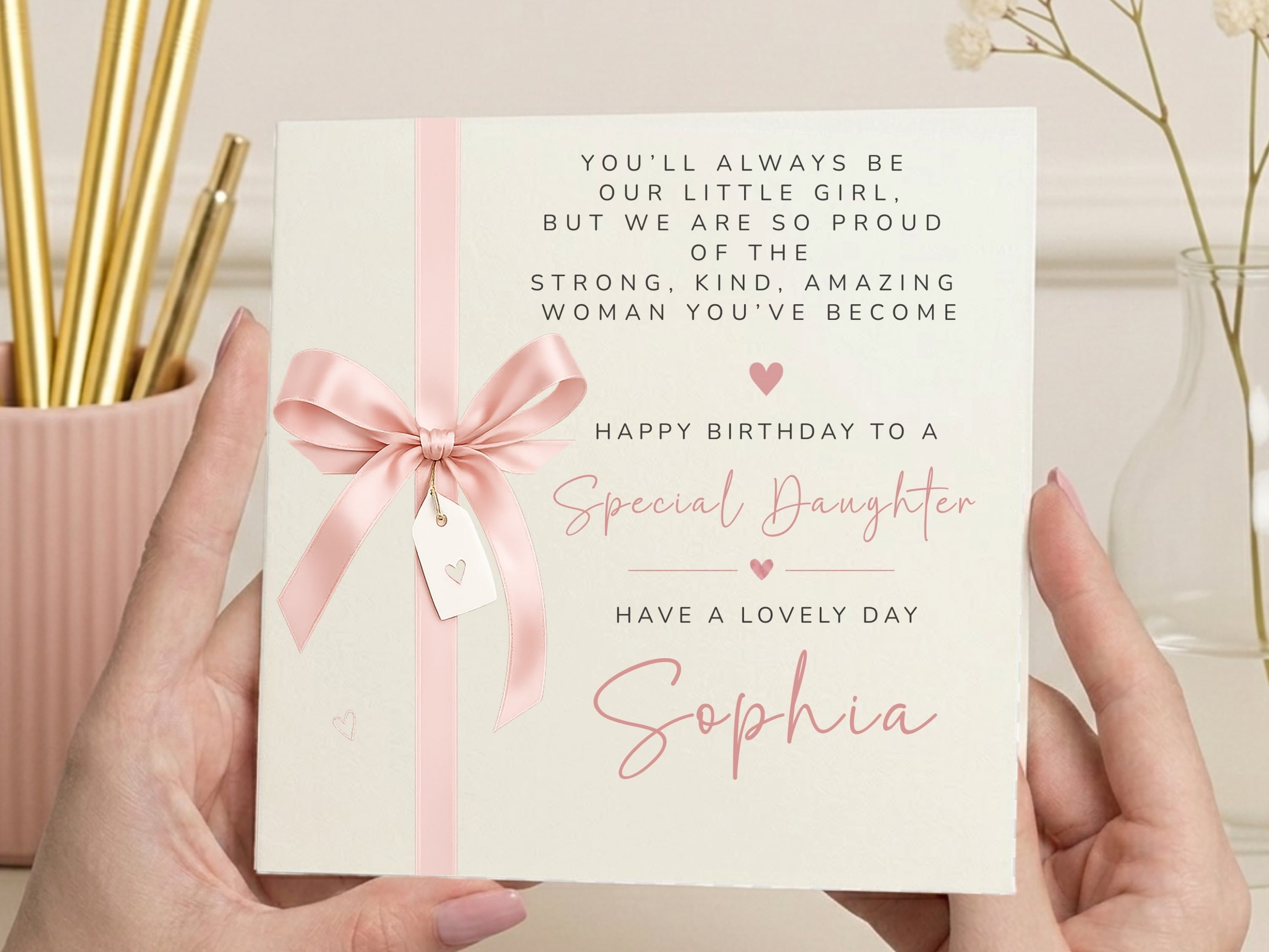 Personalised Special Daughter Birthday Card with Pink Ribbon - Custom Name Milestone Greeting Card