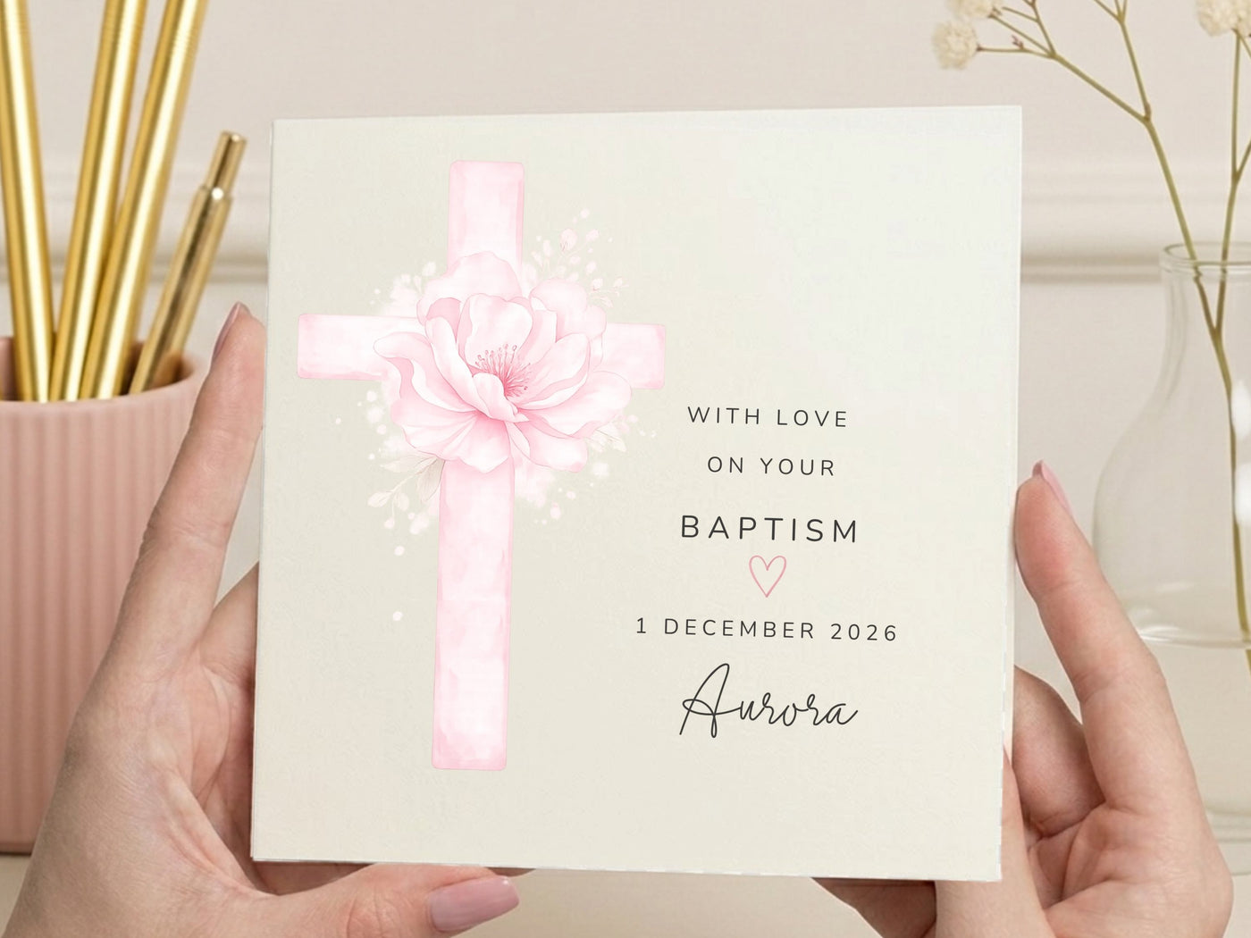 Personalised Floral Cross Baptism Card - Custom Name & Date Christening Keepsake