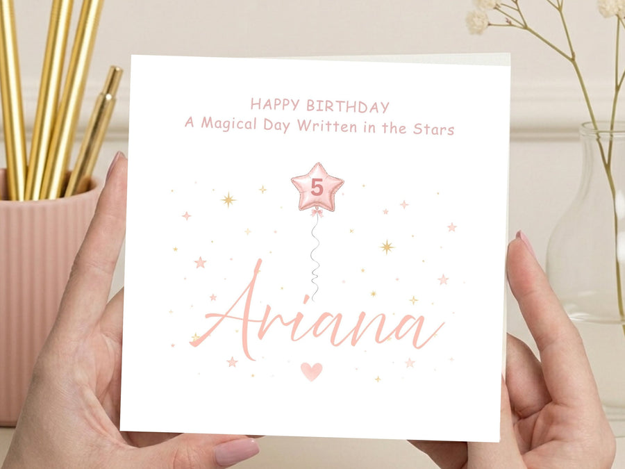 Personalised 5th Birthday Card for Girls – Starry Pink Design