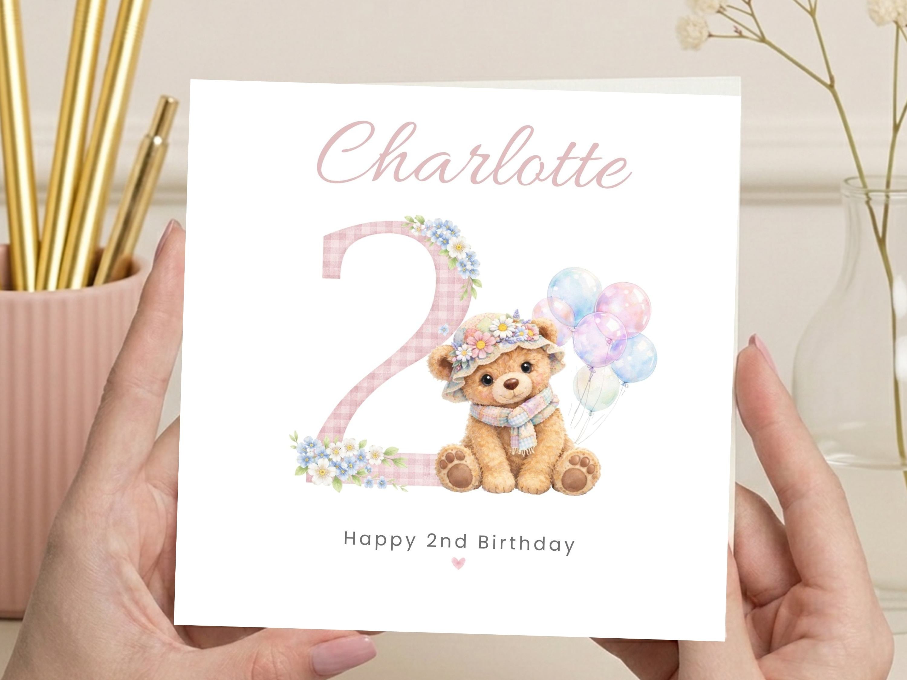 Personalised Birthday Card for Girls Ages 1–9 – Cute Teddy Bear Design