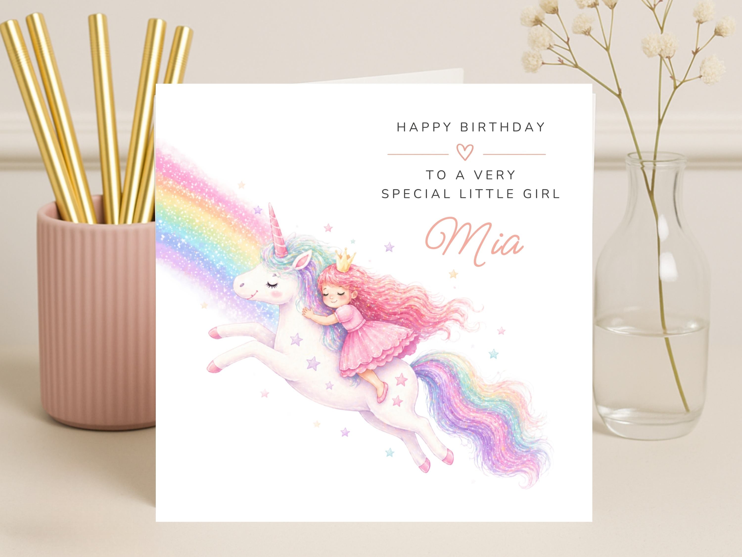 Personalised Birthday Card for Girl – Magic Unicorn & Princess Riding a Rainbow