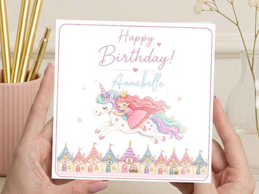 Personalised Unicorn & Princess Birthday Card – Magical Kingdom & Fairytale Cottages