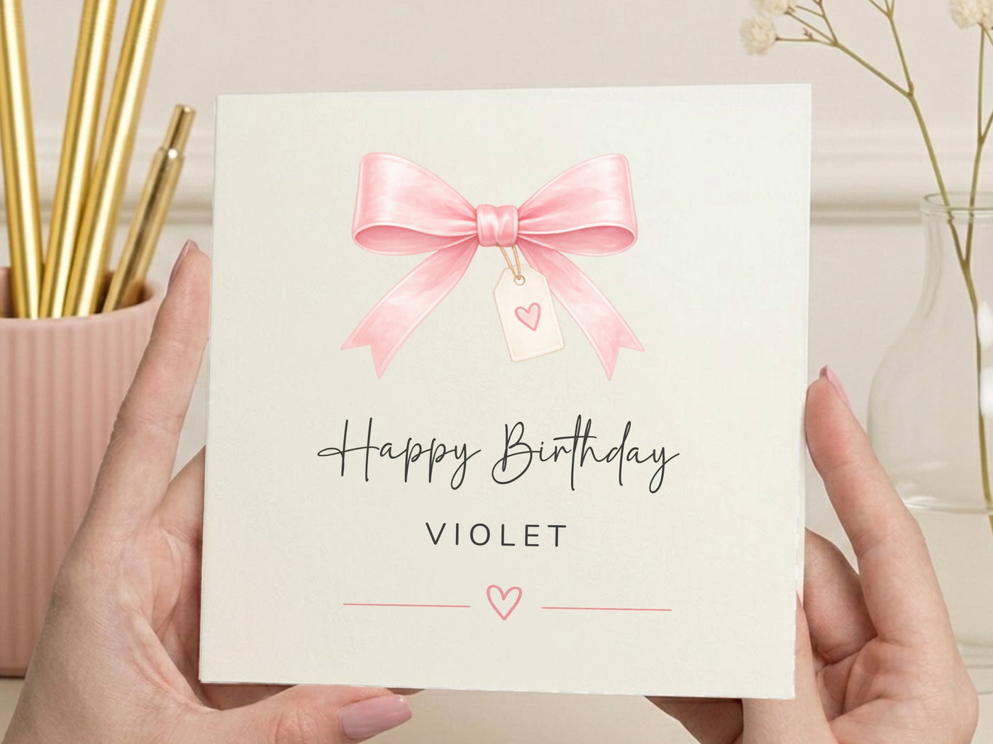 Personalised Luxury Birthday Card for Her - Pink Ribbon & Heart Tag Design