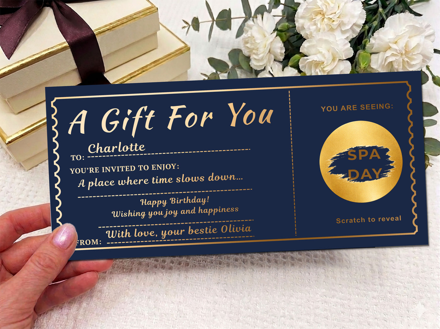 Personalised Luxury Scratch & Reveal Gift Voucher - Custom Gold Foil Trip, Spa & Birthday Ticket with Kraft Envelope