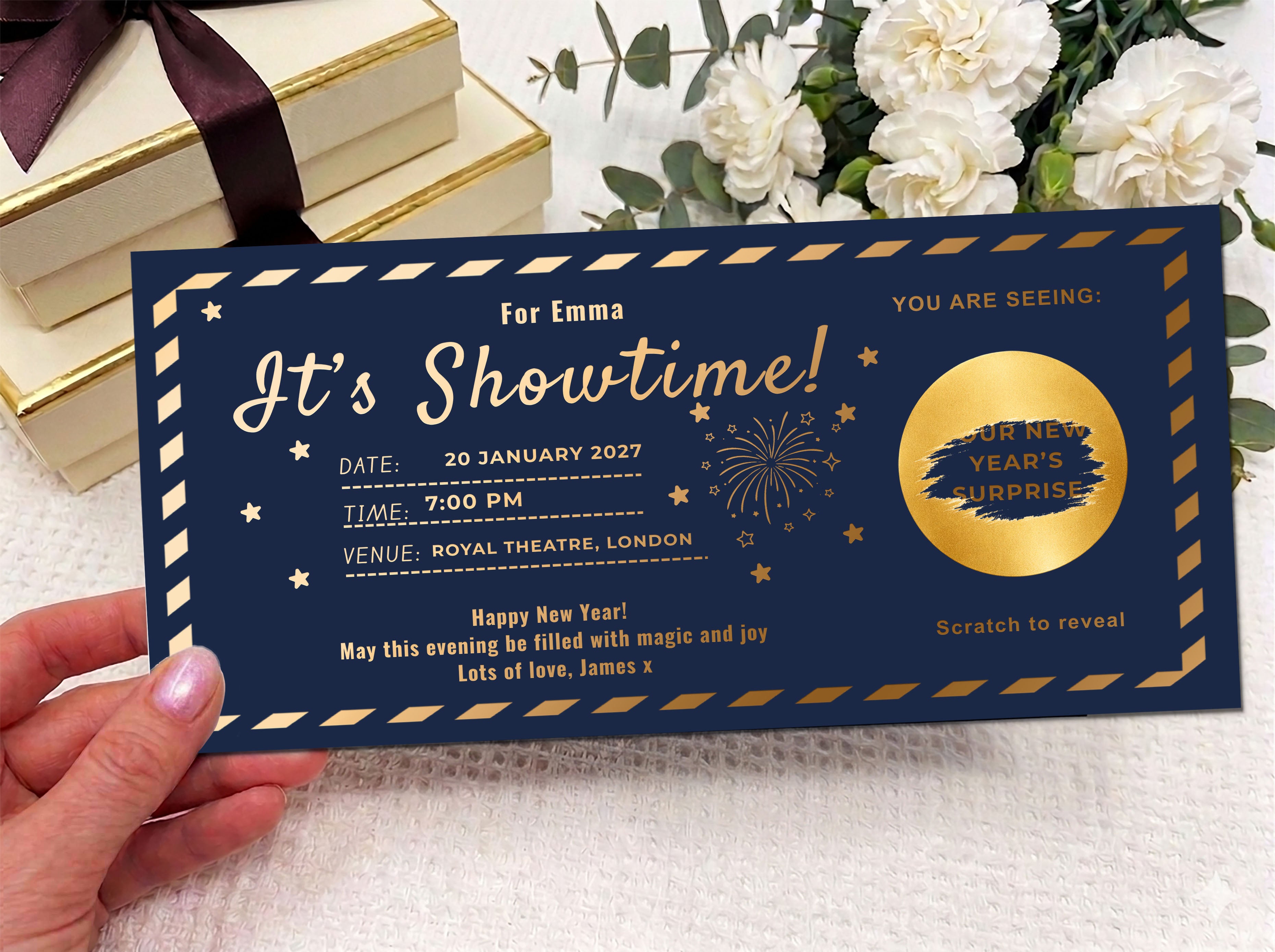 Personalised "It's Showtime" Scratch Reveal Ticket - Luxury Gold Event Gift Voucher for Theatre, Music & Comedy