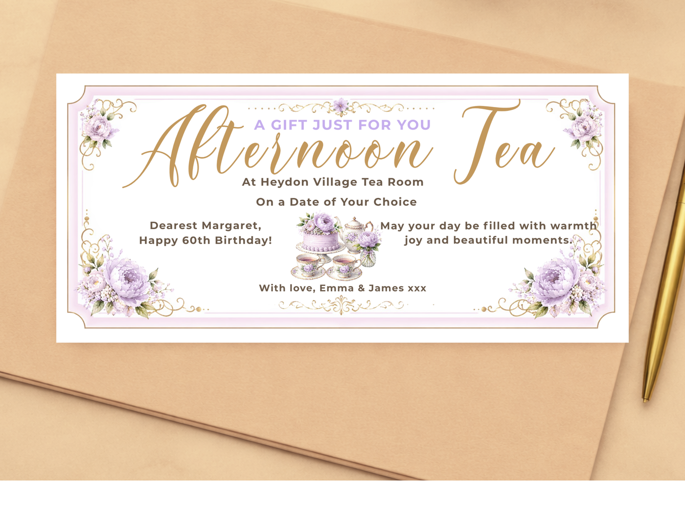 Personalised Afternoon Tea Gift Voucher Card – Lavender Floral Design (Physical Card)