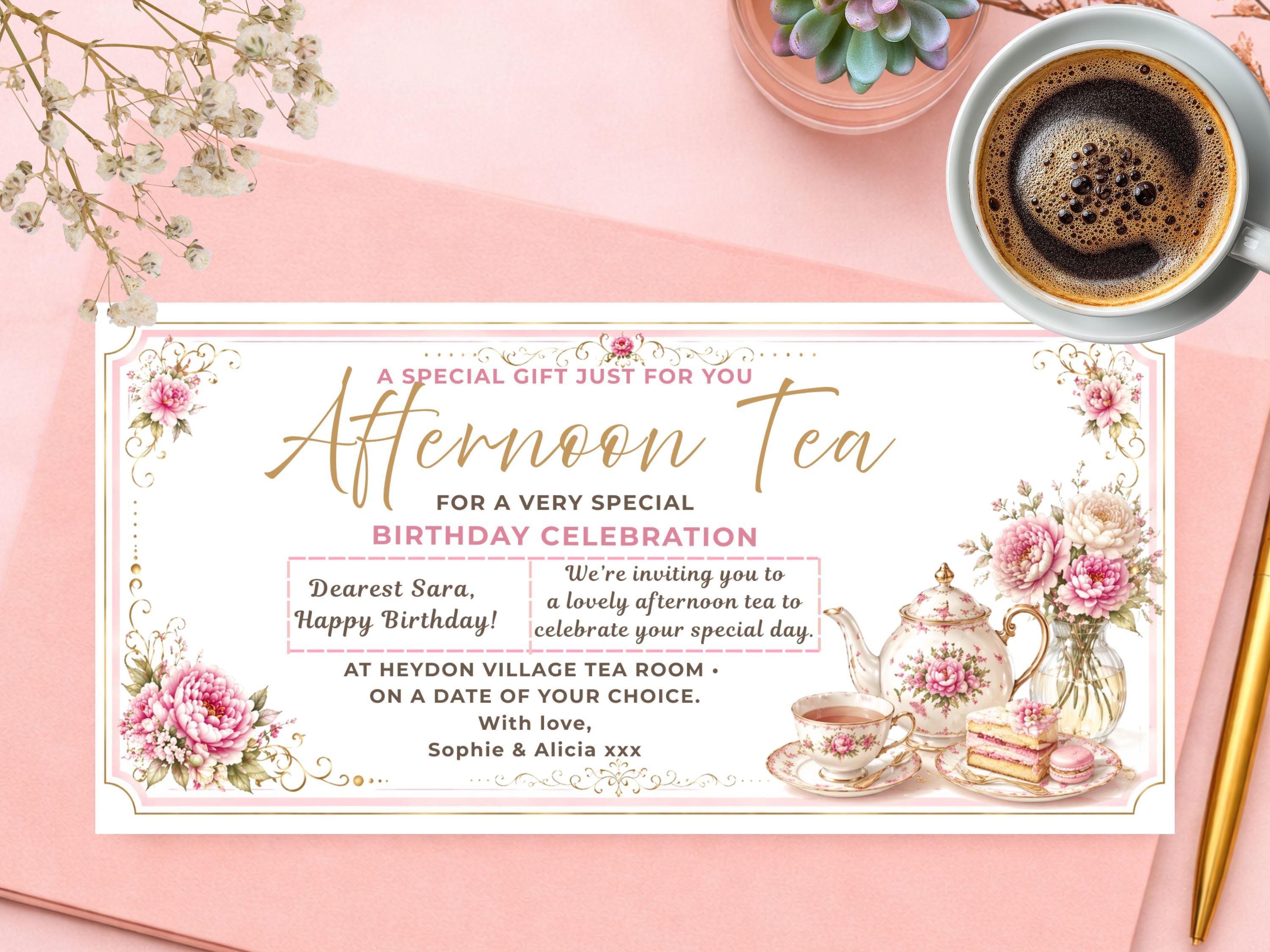 Personalised Afternoon Tea Birthday Gift Voucher Card – Elegant Floral Design (Physical Card)