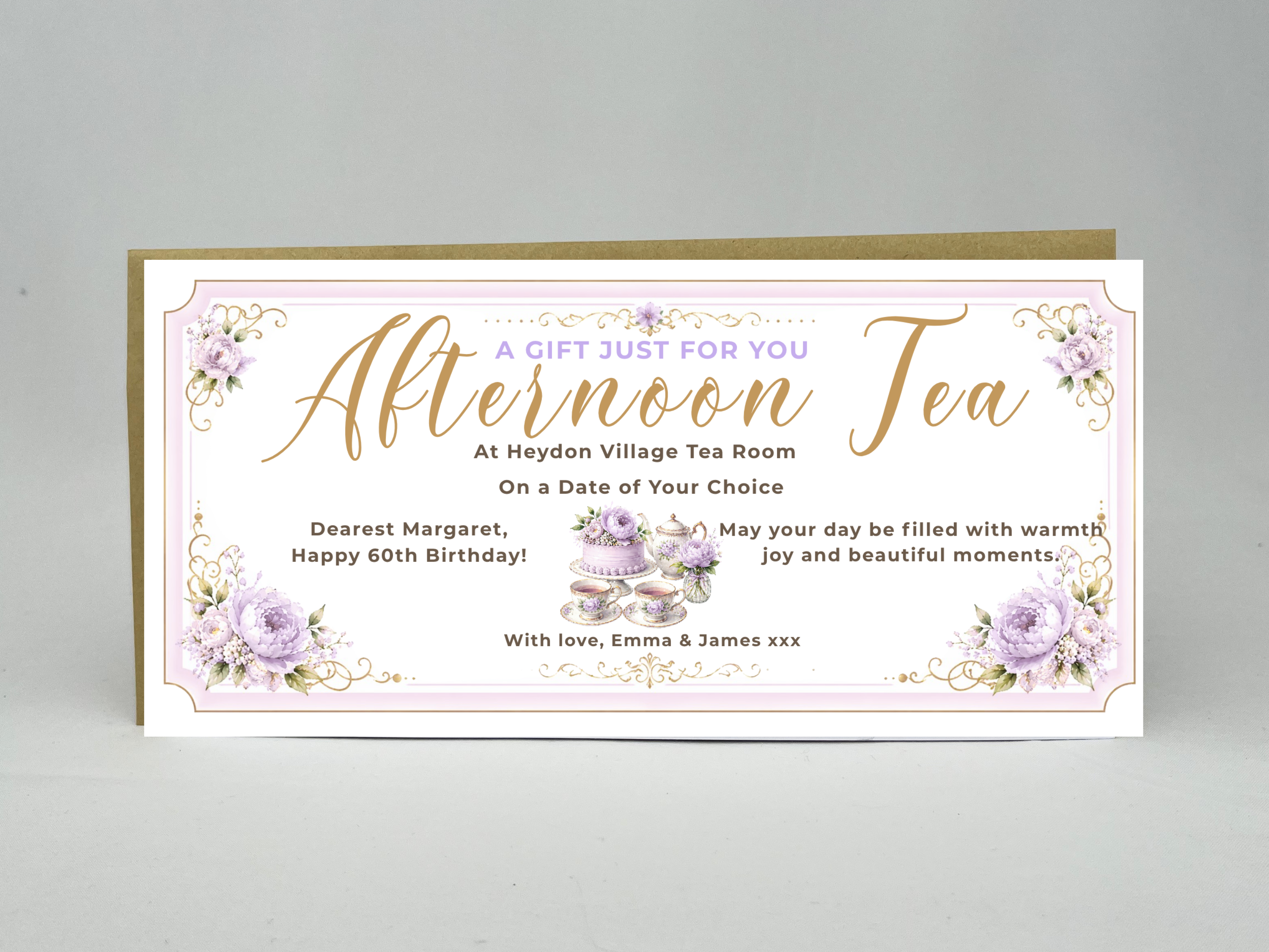 Personalised Afternoon Tea Gift Voucher Card – Lavender Floral Design (Physical Card)