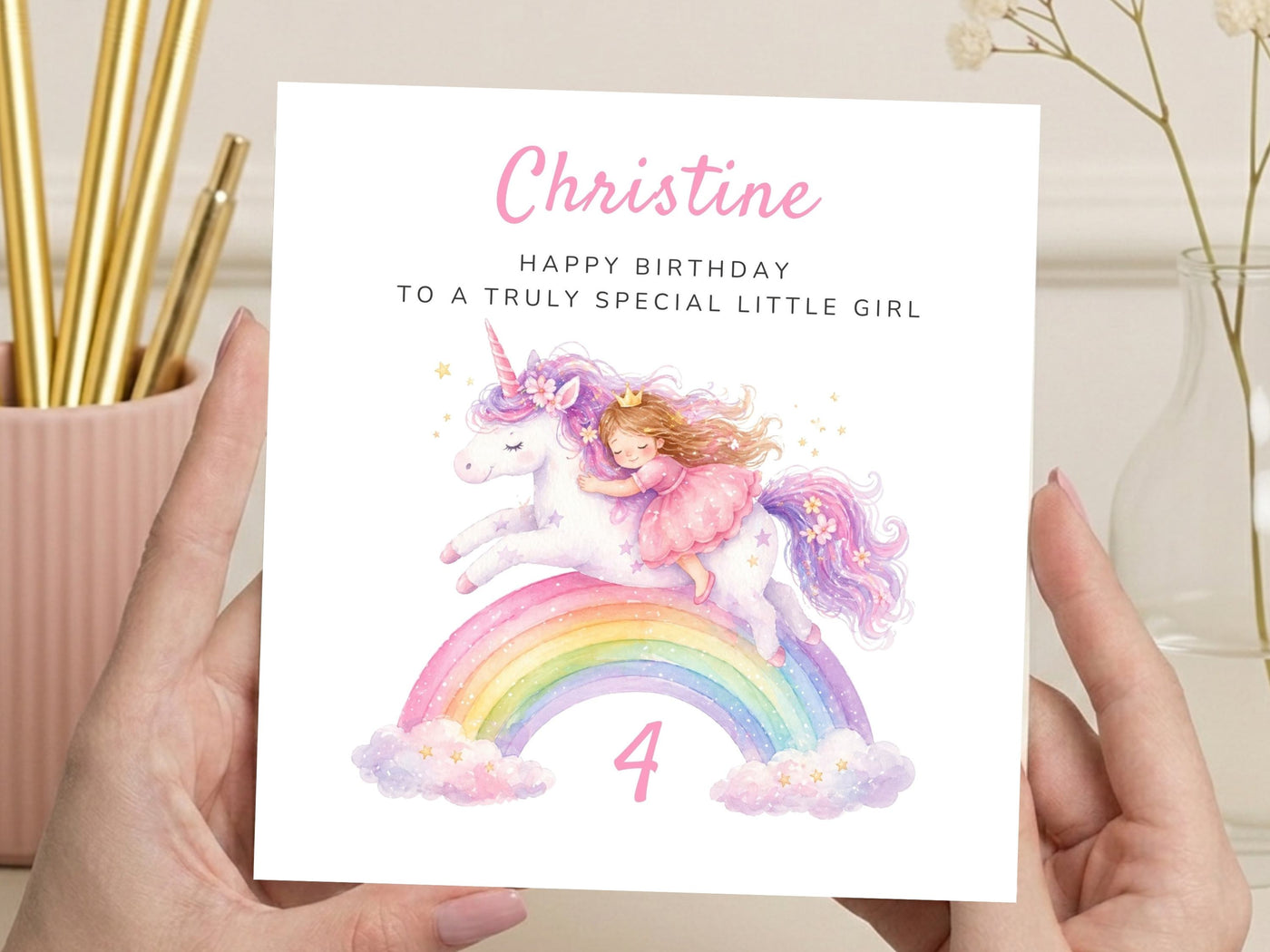 Personalised Unicorn & Rainbow Birthday Card - Any Age Princess Birthday Card - Custom Name Milestone Card for Daughter, Granddaughter or Niece