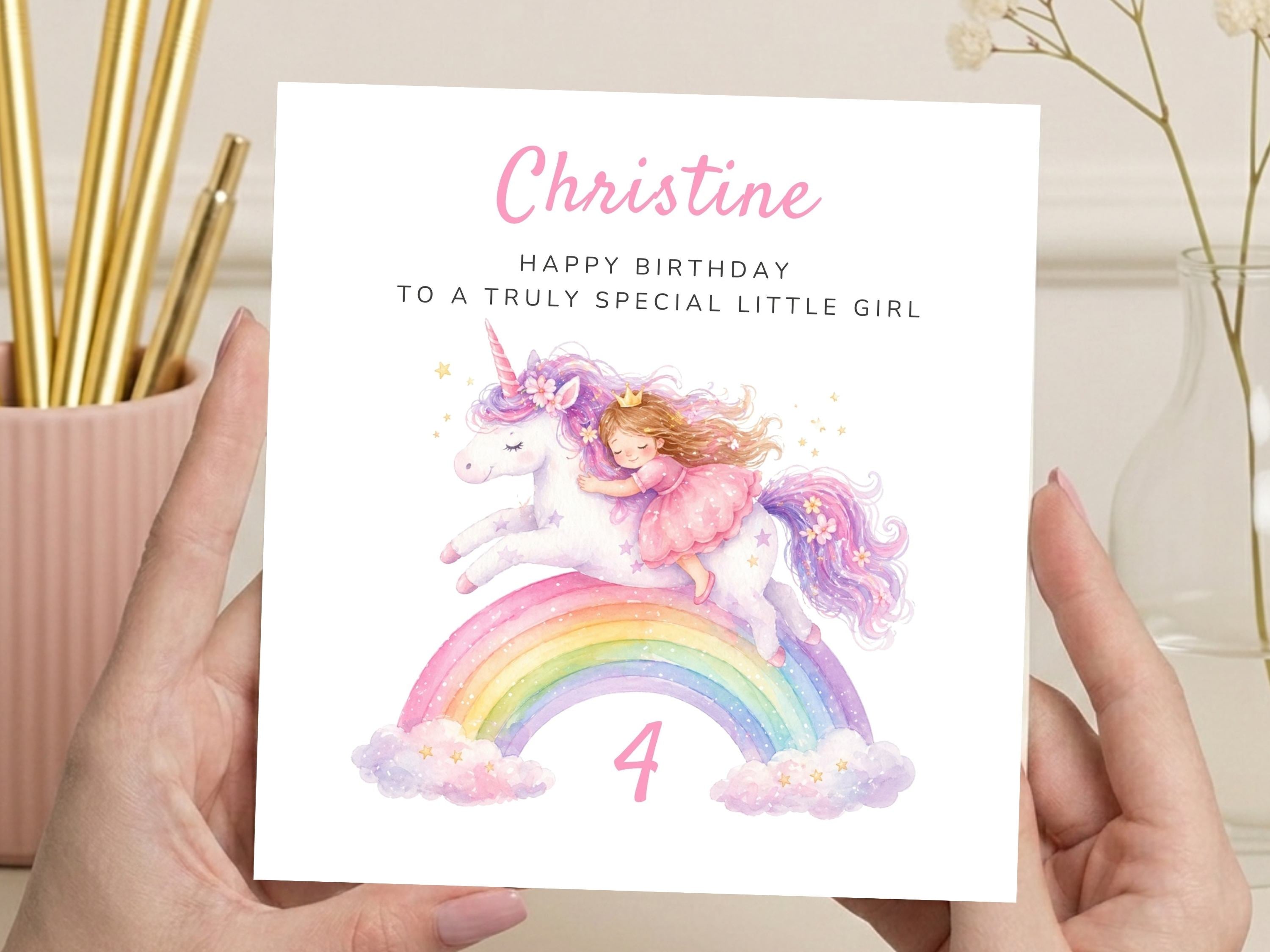 Personalised Unicorn & Rainbow Birthday Card - Any Age Princess Birthday Card - Custom Name Milestone Card for Daughter, Granddaughter or Niece