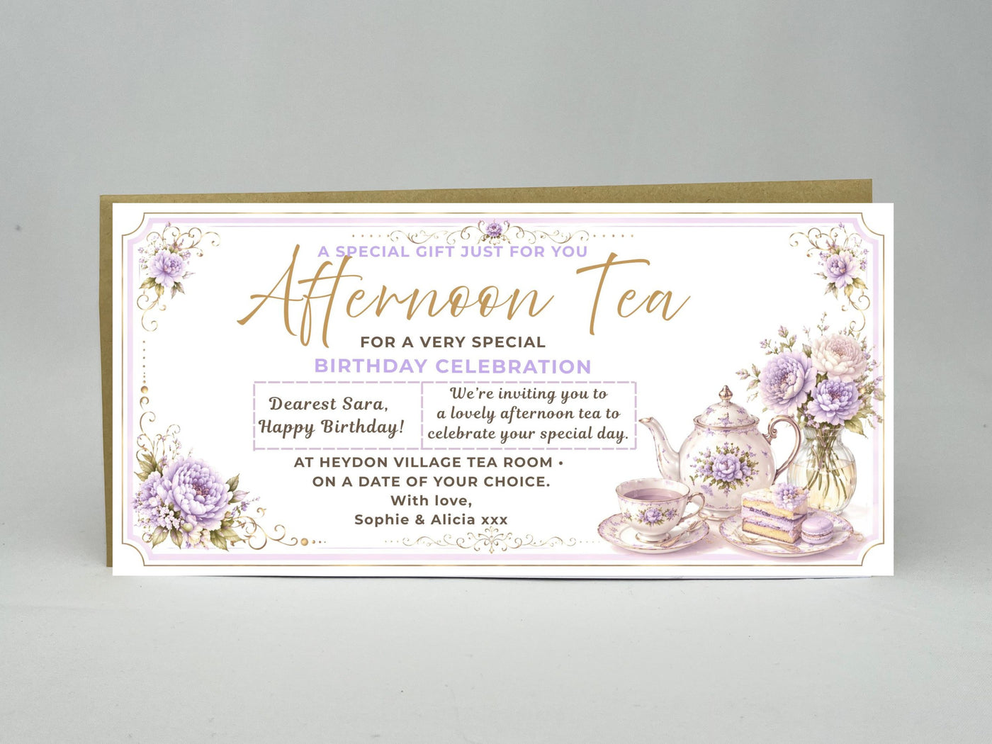 Personalised Afternoon Tea Birthday Voucher Card – Floral Design (Physical Card)