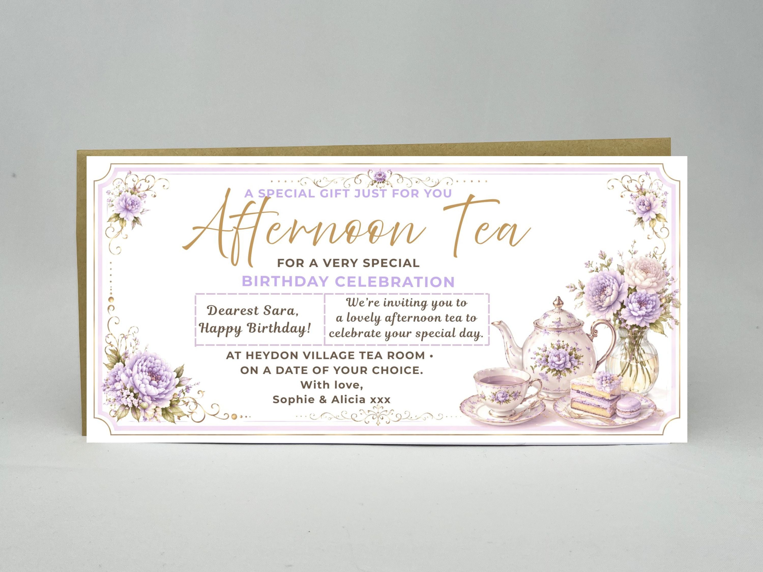 Personalised Afternoon Tea Birthday Voucher Card – Floral Design (Physical Card)