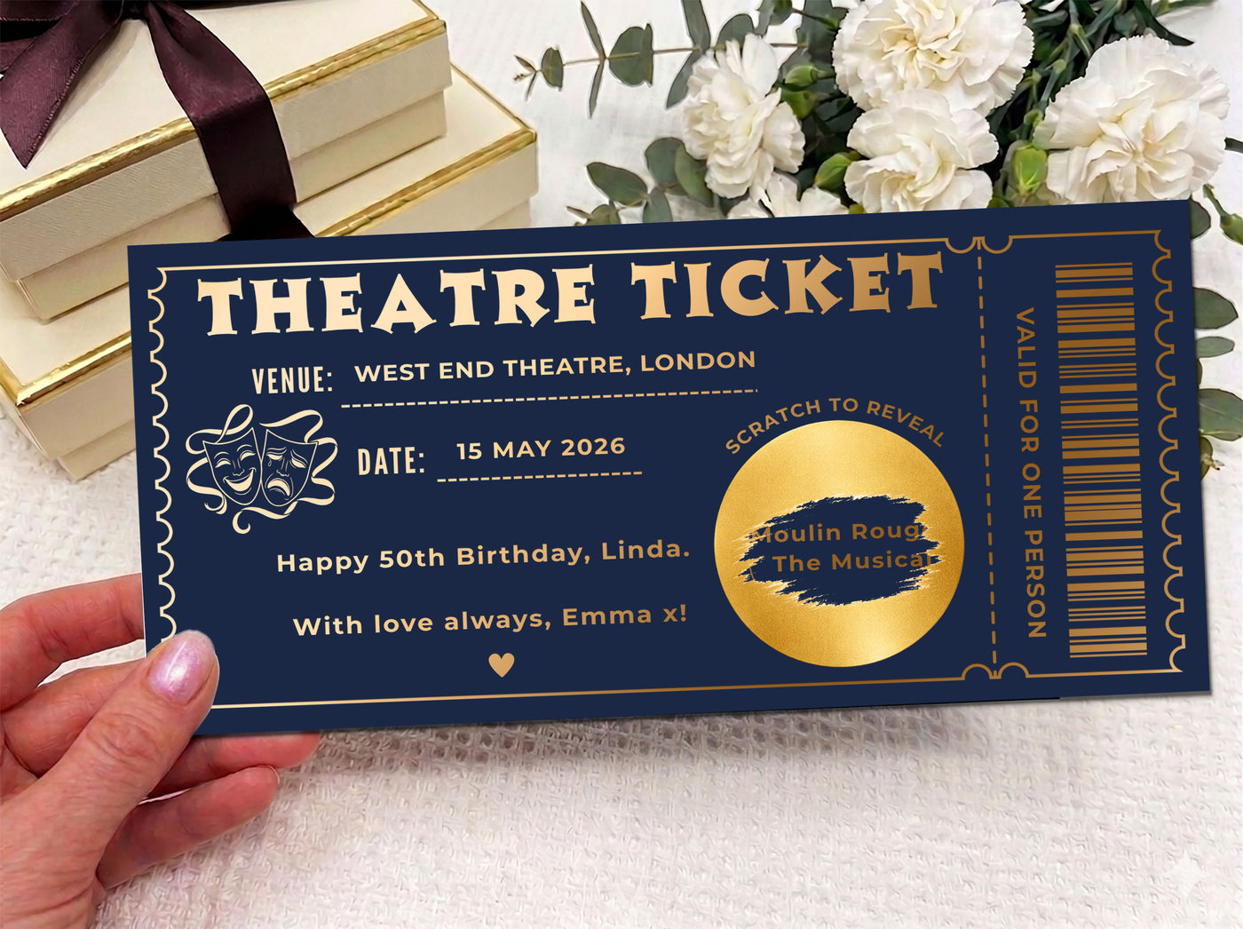 Personalized Theatre Ticket Gift, Scratch Off Reveal Voucher, West End Show Surprise, Physical Printed Experience Gift