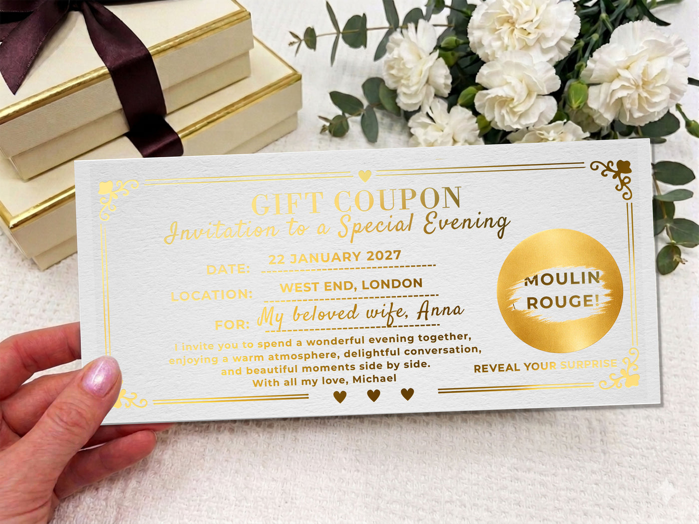 Personalised Gift Coupon Ticket, Romantic Experience Voucher, Custom Date Night Gift, Printed Surprise Ticket, Luxury Gift for Her