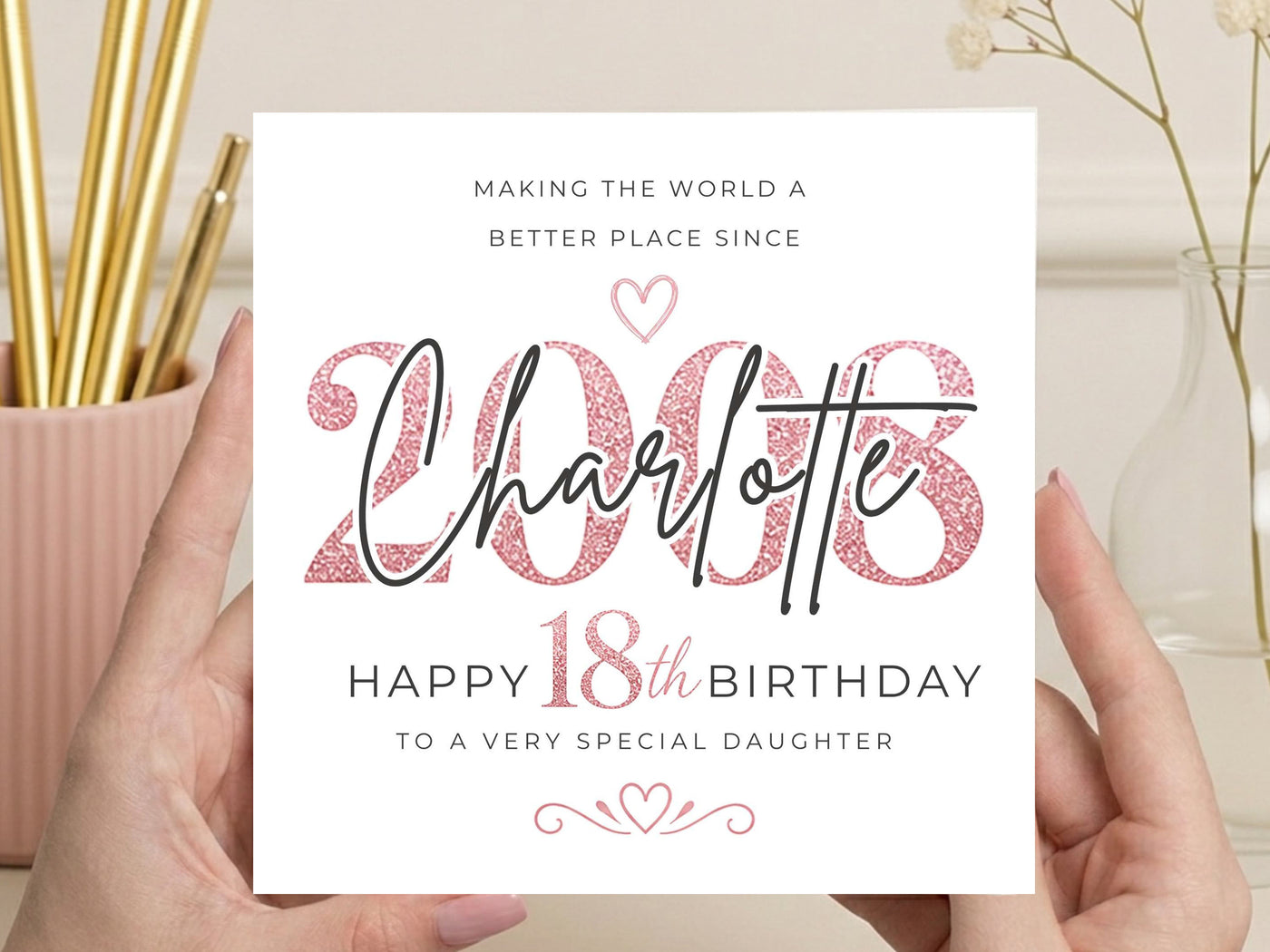 Personalised 18th Birthday Card for Daughter – Pink Glitter Design
