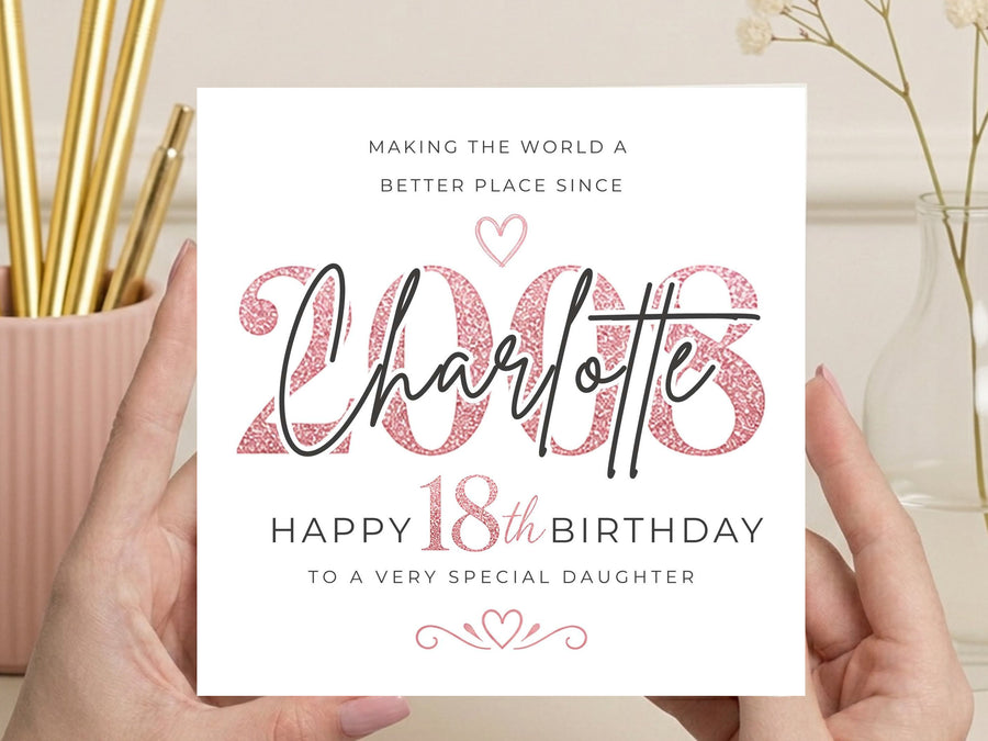 Personalised 18th Birthday Card for Daughter – Pink Glitter Design