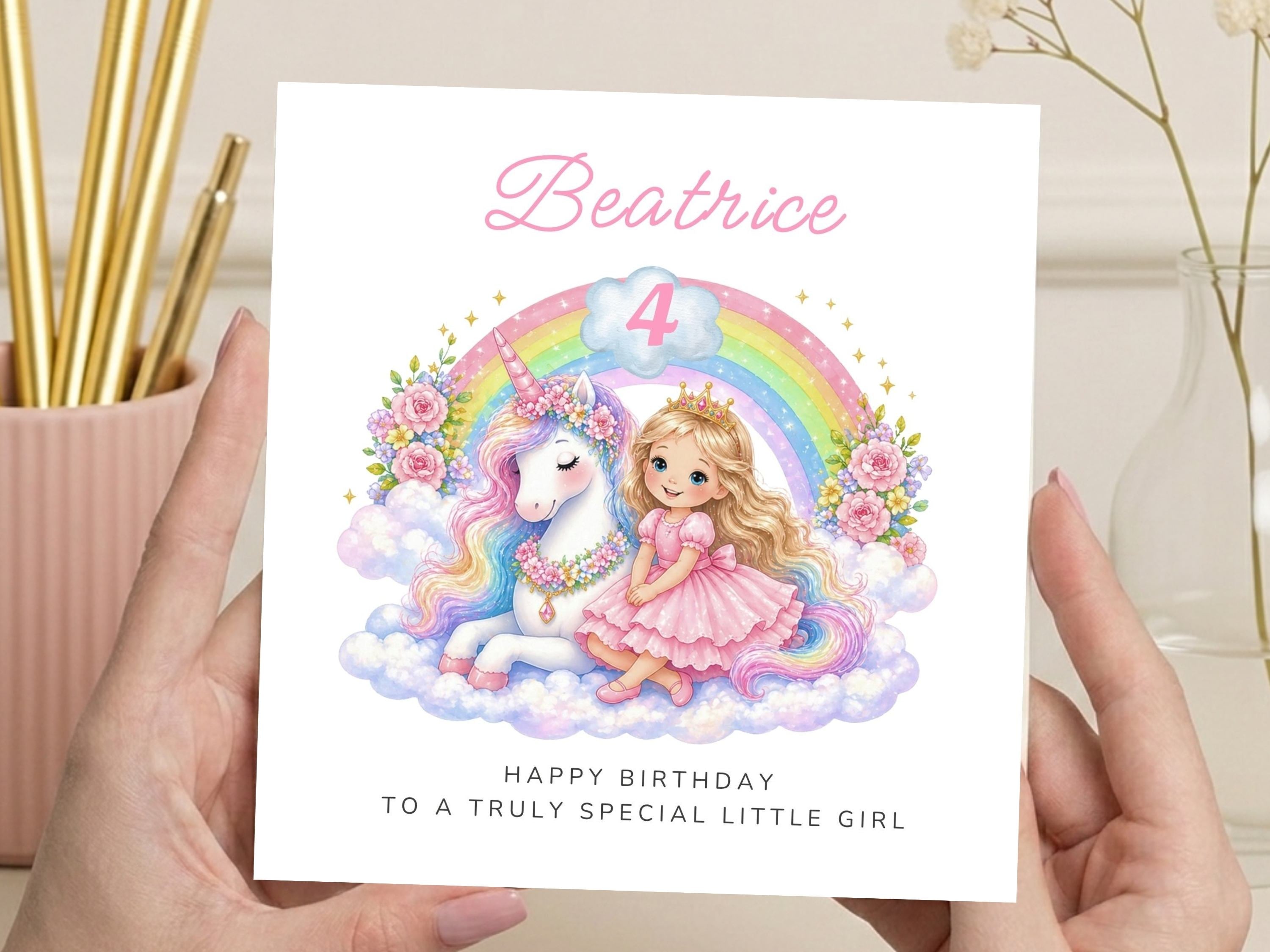 Personalised 4th Birthday Card for Daughter – Pink Princess & Unicorn Rainbow