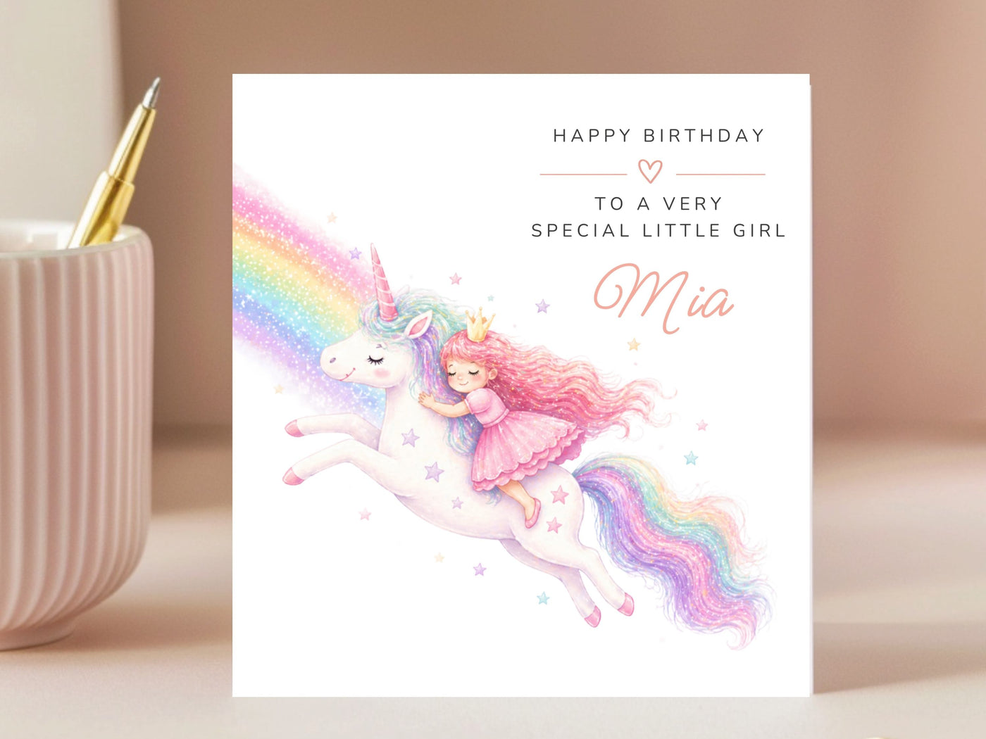 Personalised Birthday Card for Girl – Magic Unicorn & Princess Riding a Rainbow