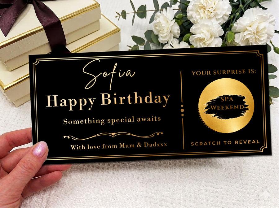 Personalised Gold Minimalist Elegant Birthday Scratch Reveal Ticket