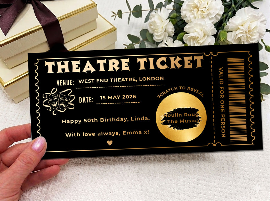 Personalized Theatre Ticket Gift, Scratch Off Reveal Voucher, West End Show Surprise, Physical Printed Experience Gift